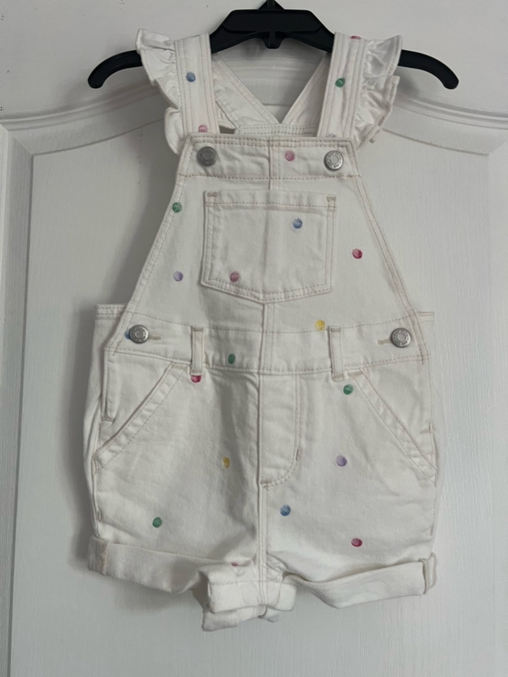 BABY GAP White Jean Shortoveralls with Multicolor Dot Embroidery NWOT 3T